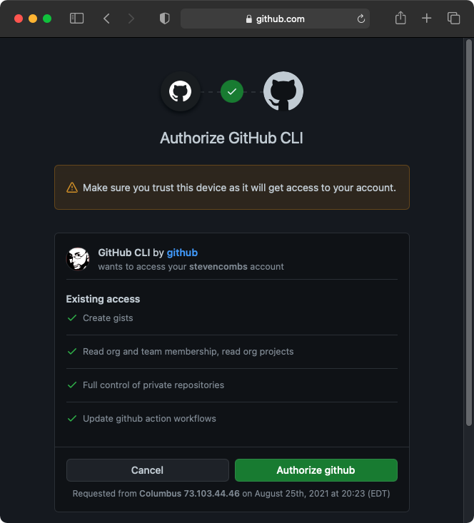 The *‌Authorize GitHub CLI* page