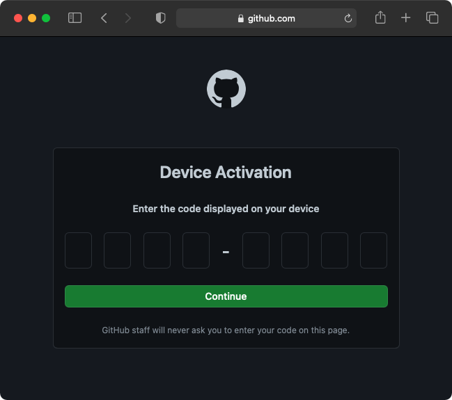 GitHub device activation page