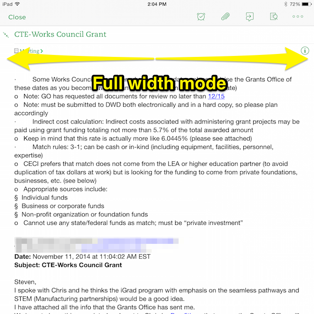 View and edit a note using the full width of the iPad screen