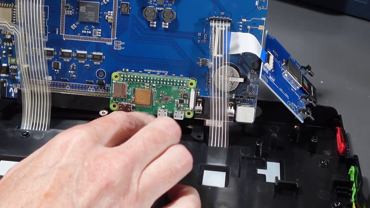 A Raspberry Pi Zero seated on the accelerator header of my ZX Spectrum Next mainboard