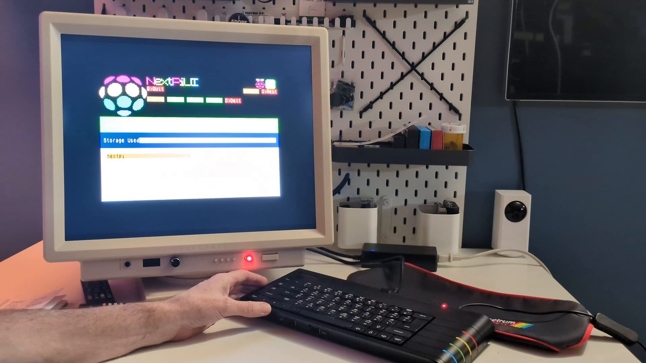 The NextPiUI screen on the Next showing the NextPi logo and a Storage Used bar