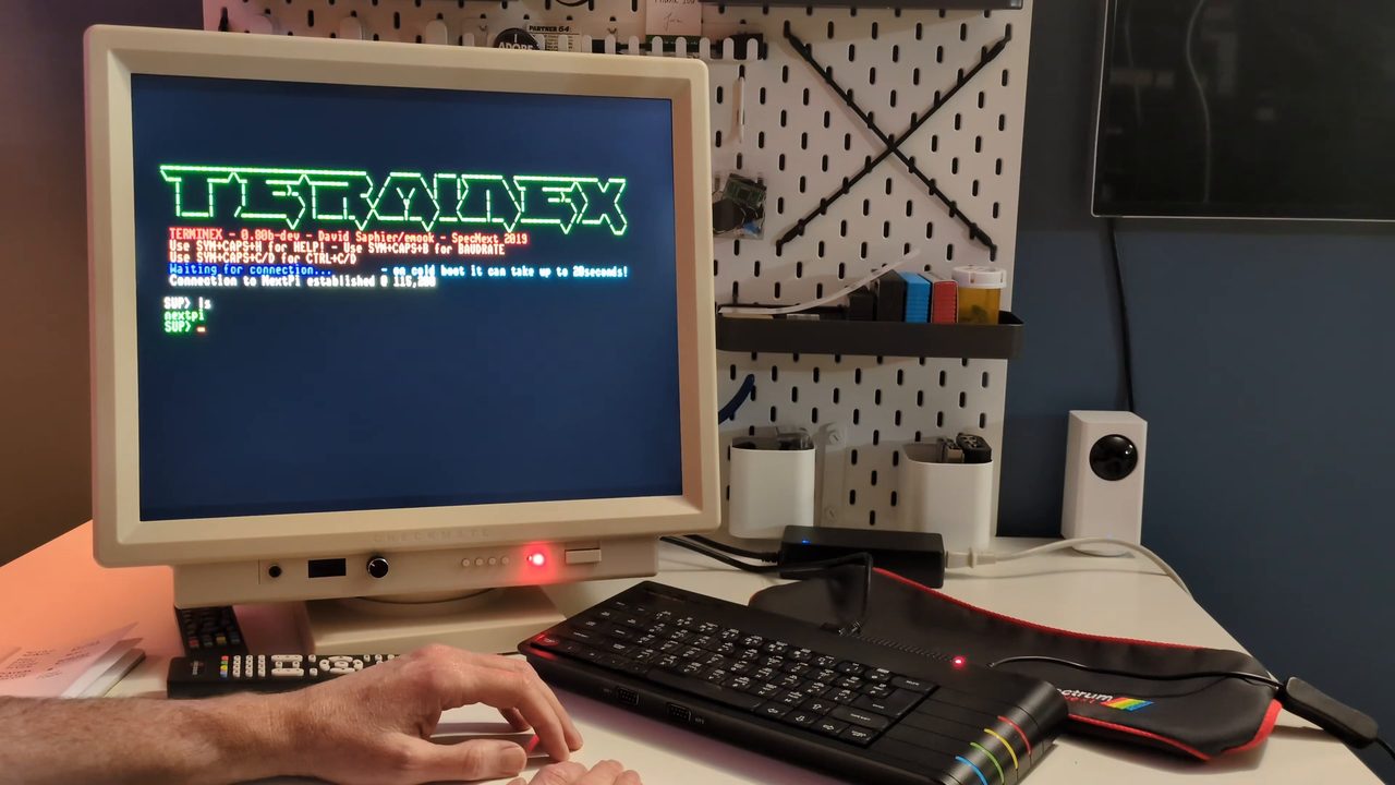 Terminex on the Next showing "Connection to NextPi established @ 115,200" and the SUP> prompt
