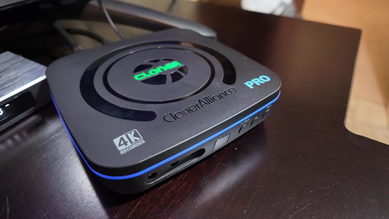 ClonerAlliance UHD Pro recorder with its blue H.264 status ring lit