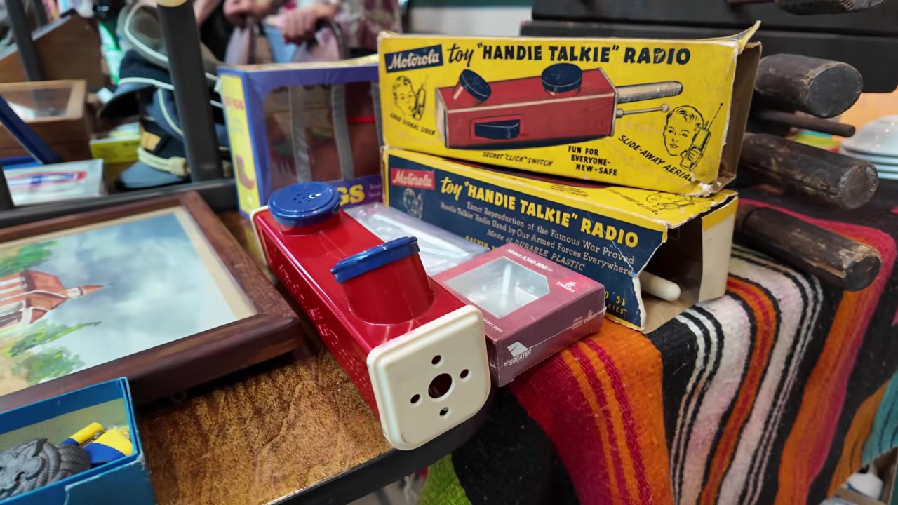 Boxed Motorola toy Handie-Talkie radios at the Honolulu vintage show